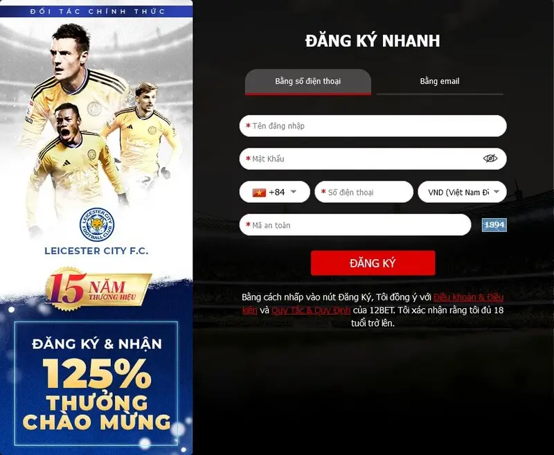 Điền các thông tin đăng ký 12bet cần thiết