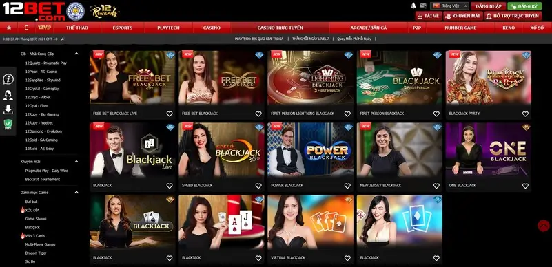 Các bàn live game blackjack tại nhà cái 12bet